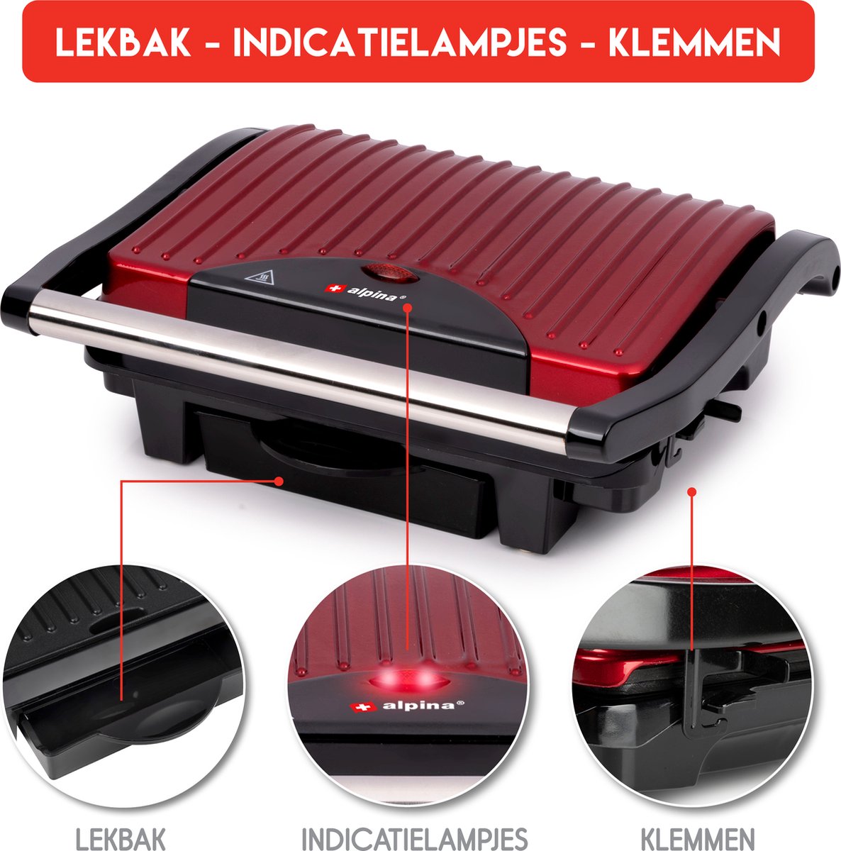 alpina Contact Grill 230V/1000W Tosti Ijzer Panini Grill Groente, Brood en Vlees Anti-Aanbaklaag Lekbak Zwart/Rood thumbnail 3