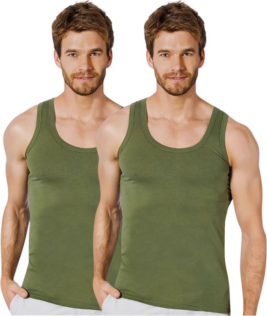 2 Pack Top kwaliteit onderhemd - 100% katoen - Legergroen - Maat S