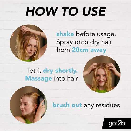 Trois cercles montrant comment utiliser le shampoing sec : une jeune fille secoue ses cheveux, les vaporise et les masse.