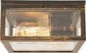 Vierkante buitenlamp met glazen zijkanten, verweerd gouden frame en een zichtbare Edison-lamp.