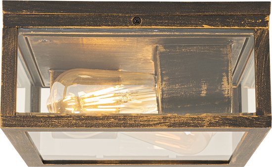 Vierkante buitenlamp met glazen zijkanten, verweerd gouden frame en een zichtbare Edison-lamp.
