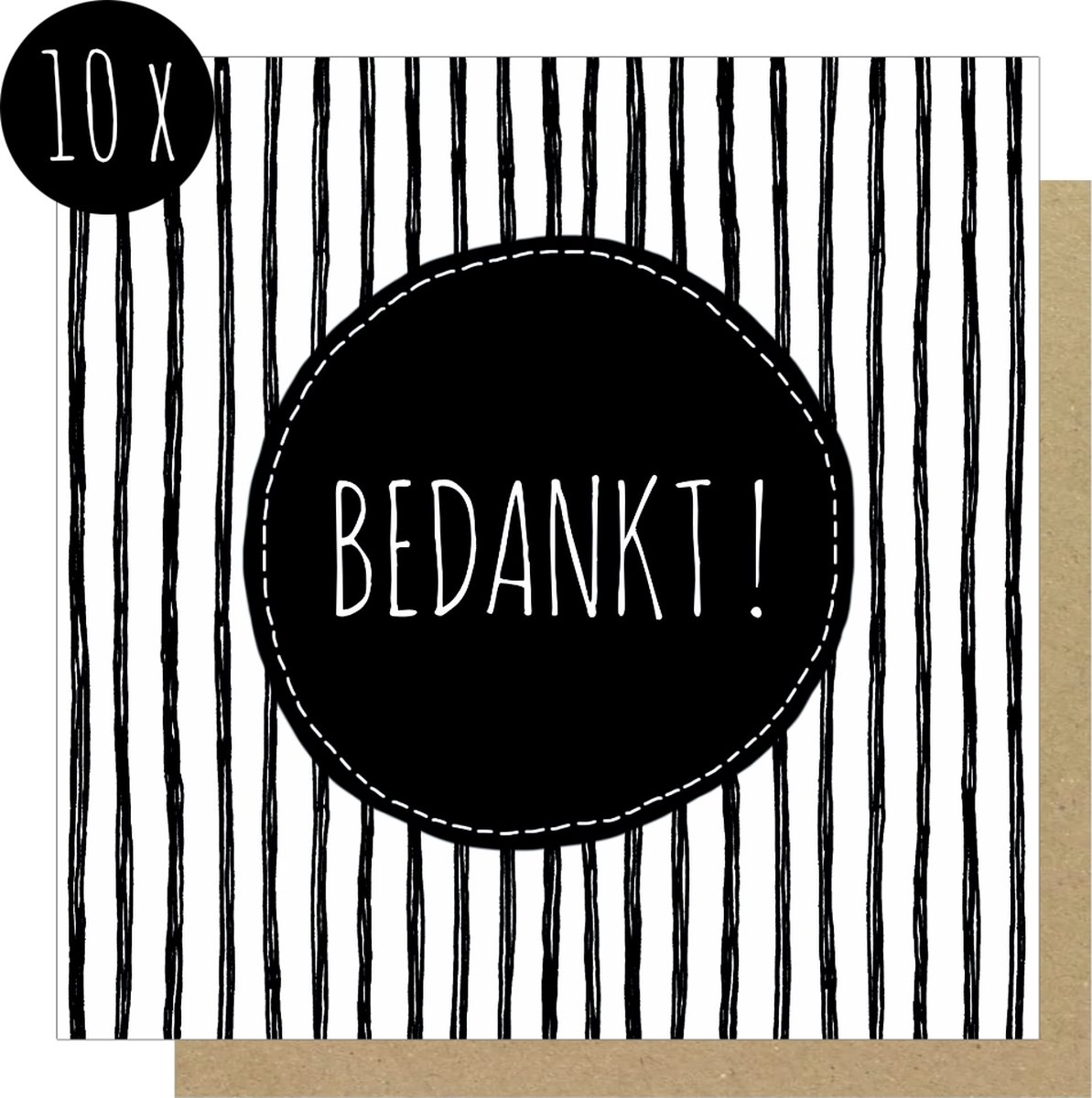 10x Bedankkaartjes / Bedankt kaarten | BEDANKT | 13,5 x 13,5 cm | zwart & wit | met kraft enveloppen