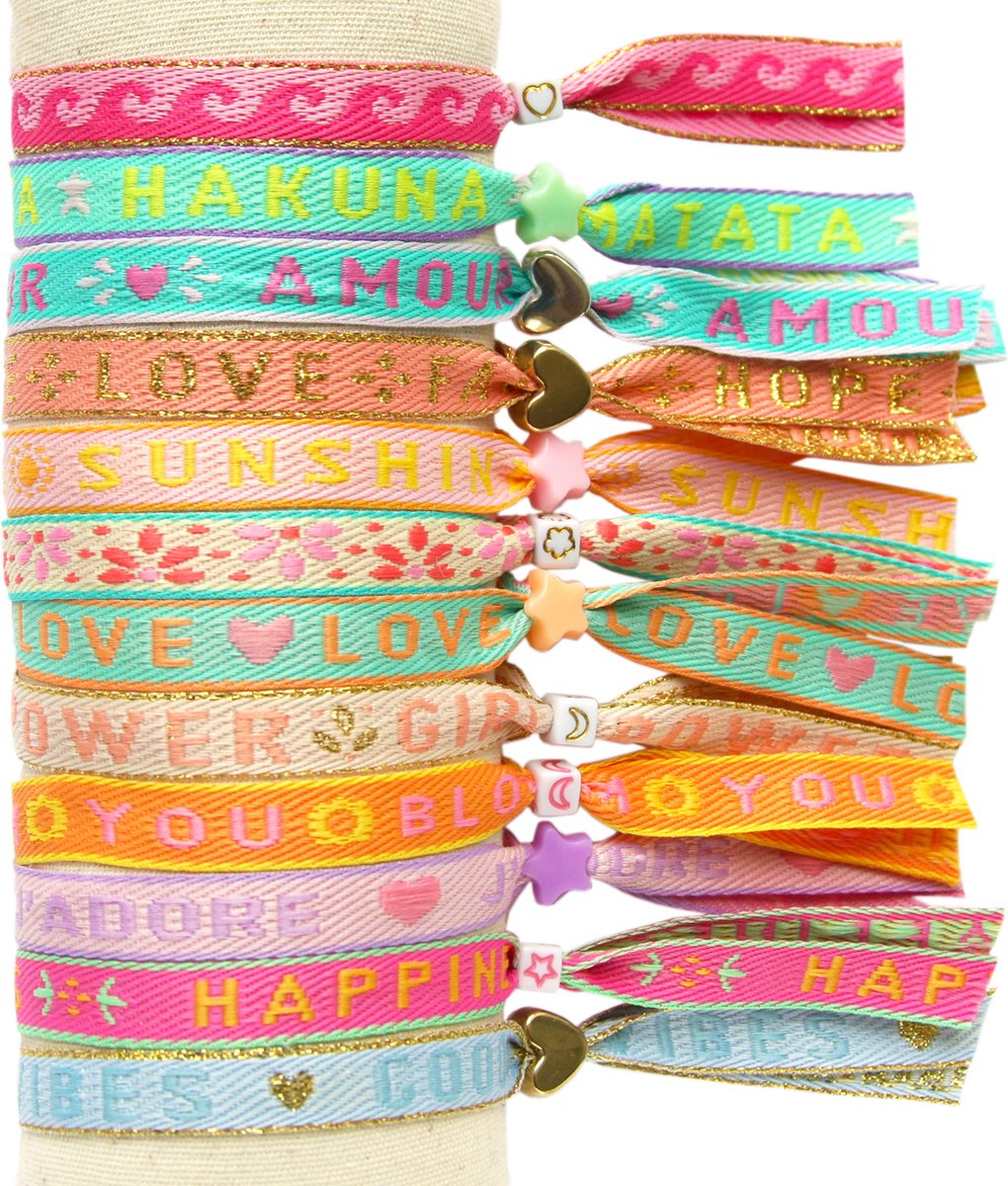 Principessa Festivallint Pastel pakket voor armbanden – 10 x 1 meter Festival lint / Love Lint / Tekst Lint – Pastelmix – 70 lintkralen met groot gat — afbeelding 2
