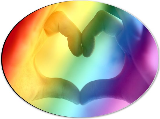 Dibond Ovaal - Hartvormige Handen in Regenboogkleurige Lucht - 40x30 cm Foto op Ovaal (Met Ophangsysteem)