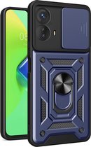 Hoesje met Camera Slider Geschikt voor de Motorola Moto G53 - Back Cover met Standaard - Uitklapbare Kickstand Ring - Beschermhoes TPU - Magneet voor Auto Houder Blauw