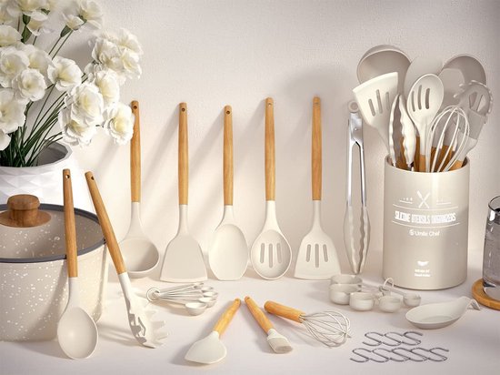 Set keukengerei, 24-delig, anti-aanbaklaag, hittebestendige siliconen, spatelset met houder, houten handvat