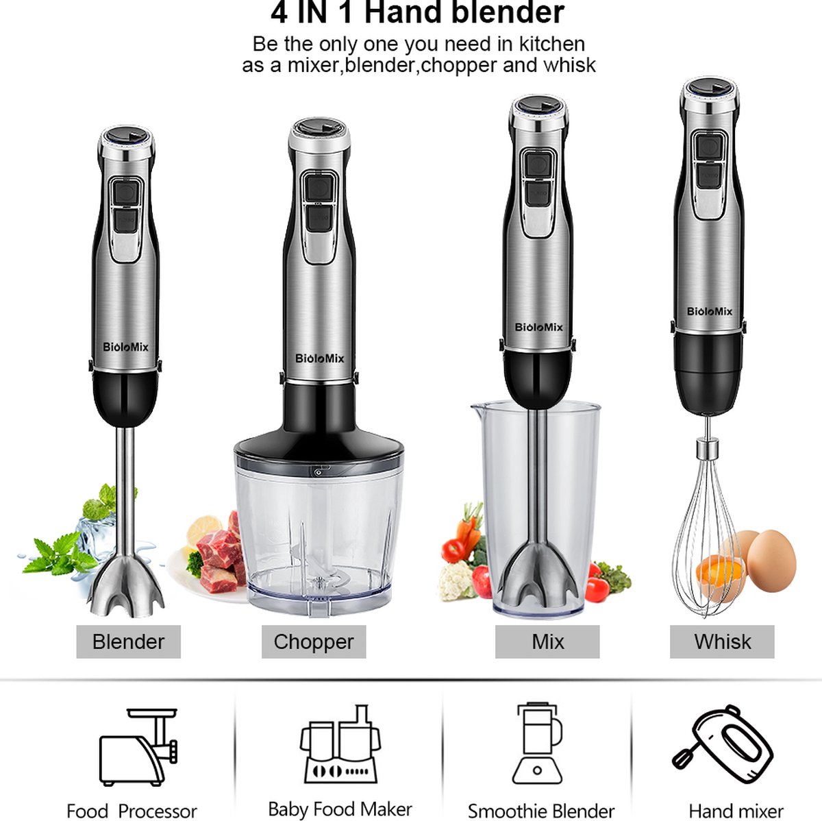 Pied Mixeur Inox 1200W Mixer 4 IN 1 Kit Broyeur Mixeur Plongeant