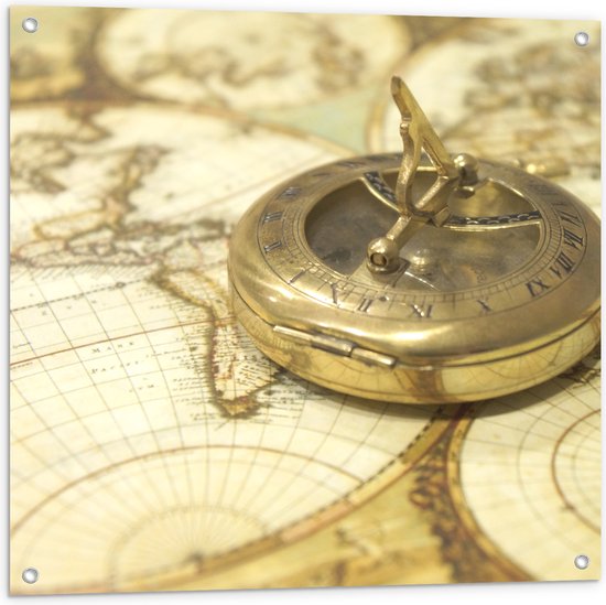 Tuinposter – Gouden Kompas op Wereldkaart - 80x80 cm Foto op Tuinposter (wanddecoratie voor buiten en binnen)
