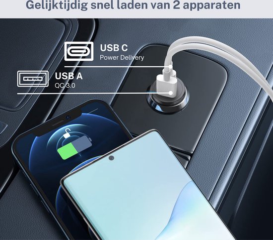 Dutch Quality® - Autolader USB A & USB C - Auto oplader USB - USB C autolader 2 poorten - Auto lader - Sigarettenaansteker USB oplader auto - Snellader - Dutch Quality