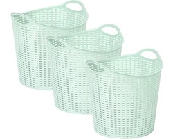 Plasticforte Gevlochten wasmand/opbergmand - 3x - flexibel - lichtgroen - 27 liter - rond - kunststof - 40 x 37 cm