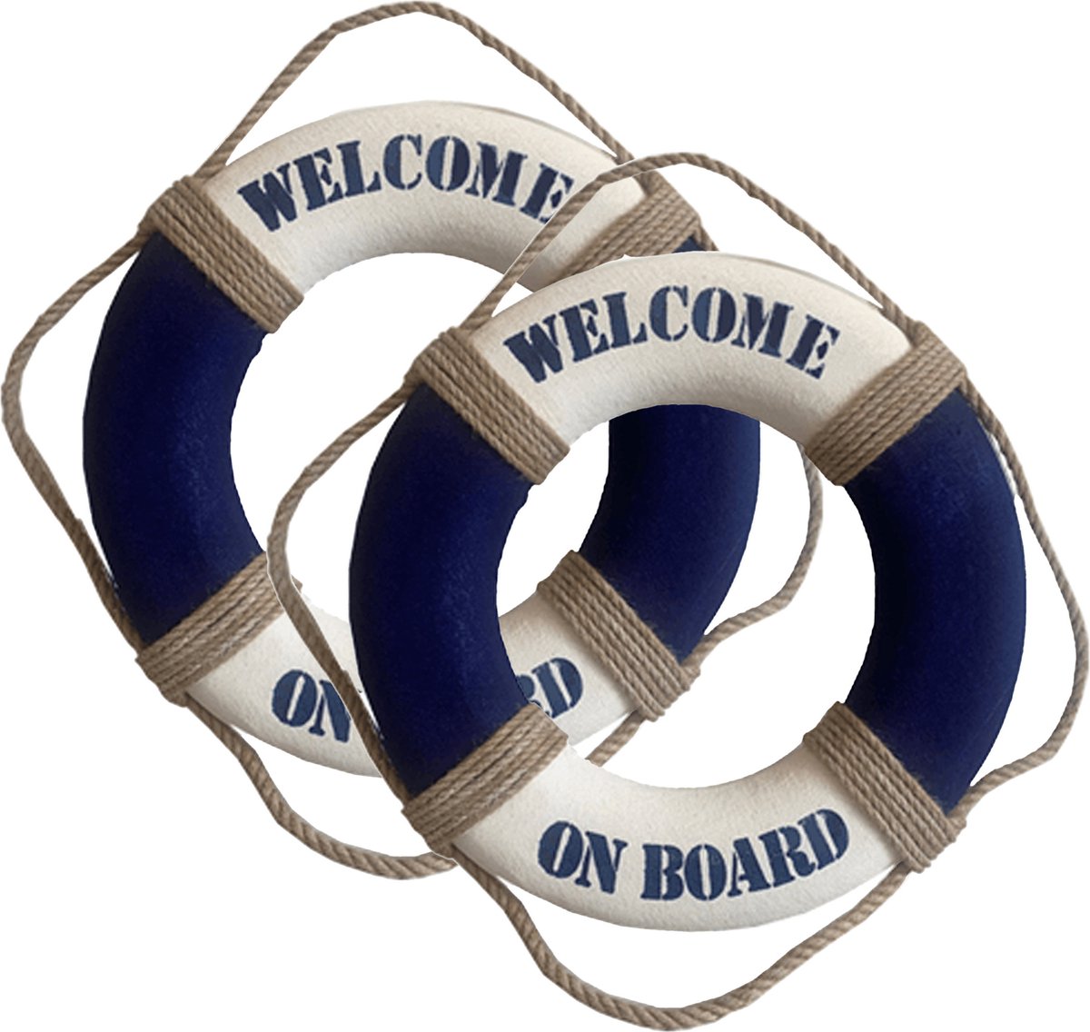 Gerkimex Reddingsboei - 2x - Welcome on board - 35 cm - blauw/wit - kunststof - maritiem thema decoratie