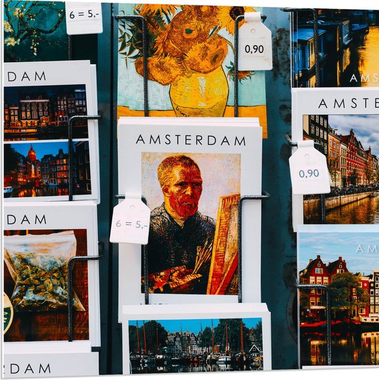 PVC Schuimplaat- Amsterdamse Ansichtkaarten in het Rek - 80x80 cm Foto op PVC Schuimplaat