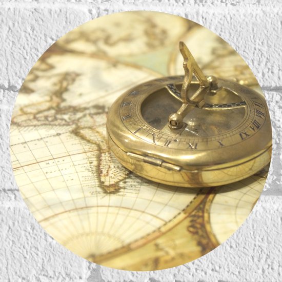 Muursticker Cirkel - Gouden Kompas op Wereldkaart - 20x20 cm Foto op Muursticker
