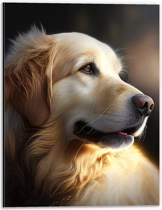 Dibond - Opzijkijkende Golden Retriever Hond - 30x40 cm Foto op Aluminium (Wanddecoratie van metaal)