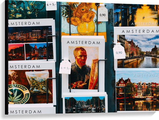 Canvas - Amsterdamse Ansichtkaarten in het Rek - 100x75 cm Foto op Canvas Schilderij (Wanddecoratie op Canvas)