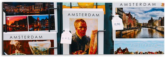 Dibond - Amsterdamse Ansichtkaarten in het Rek - 60x20 cm Foto op Aluminium (Met Ophangsysteem)