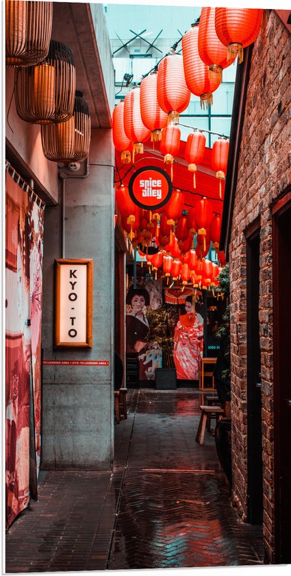 PVC Schuimplaat- Smalle Straat Versierd met Rode Lampionnen in Tokyo - 50x100 cm Foto op PVC Schuimplaat