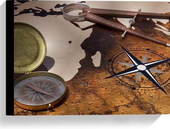 Canvas - Kompas op Wereldkaart - 40x30 cm Foto op Canvas Schilderij (Wanddecoratie op Canvas)