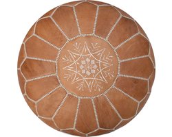 Leren Poef - Naturel bruin - Handgemaakt en stijlvol - Gevuld geleverd - Poufs&Pillows