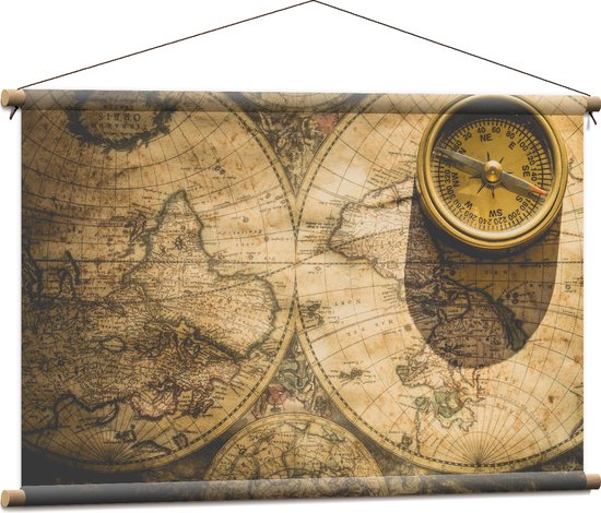 Textielposter - Kompas met Wereldkaarten - 90x60 cm Foto op Textiel