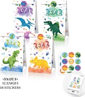 Snoes - Traktatiezakjes - 12 Stuks - Dino - Dinosaurus - Aquarel - Verjaardag Decoratie - Cadeau zakjes - Uitdeelzakjes - Partijtje