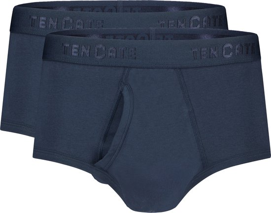 Twee donkerblauwe Ten Cate slips met een opening aan de voorkant en zwarte merknaam op de tailleband.