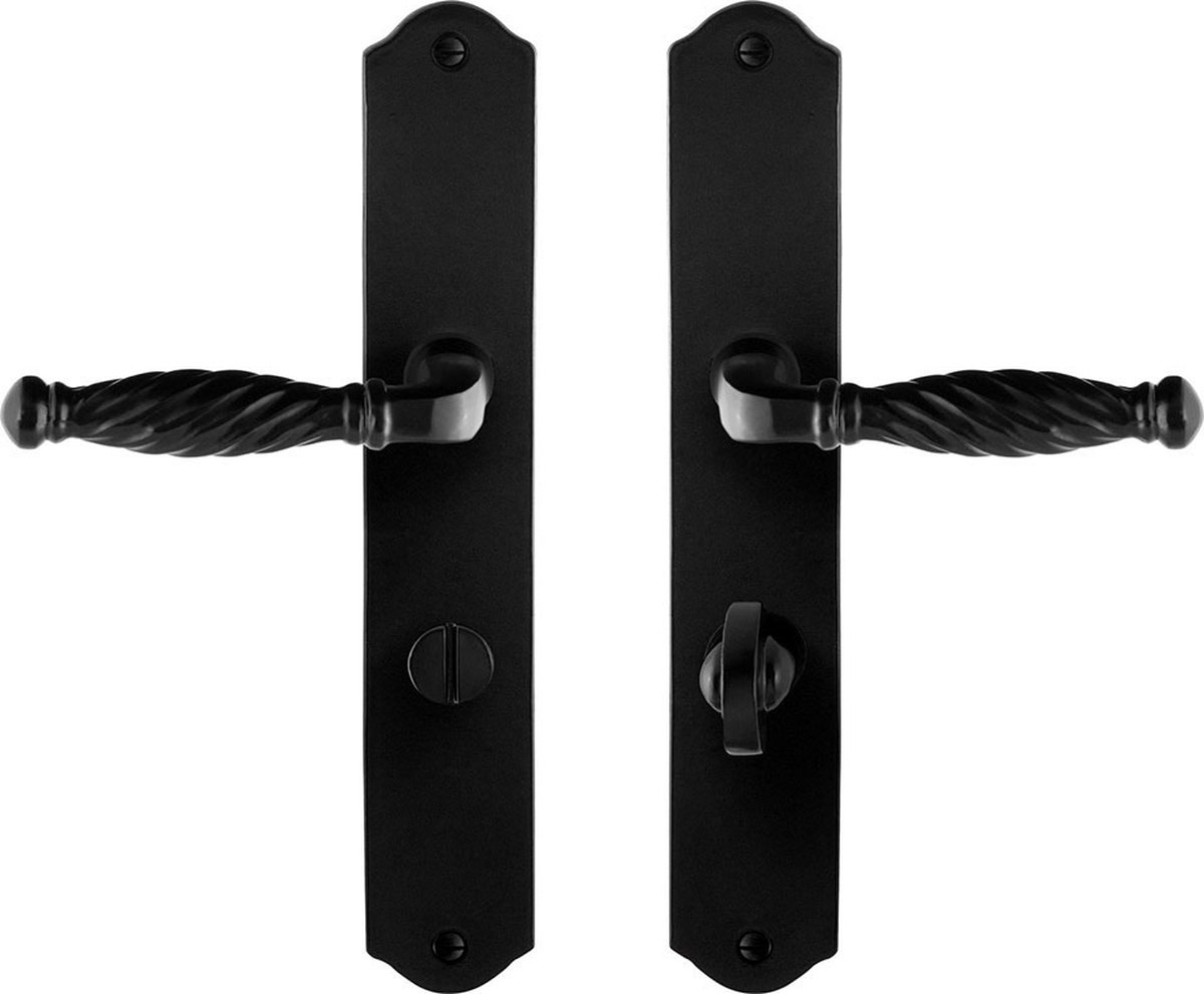 Deurkruk op schild - Smeedijzer zwart - Gietijzer - GPF - GPF6225.60 smeedijzer zwarte Deurklink Tuli op WC63/8, 238x41x4mm