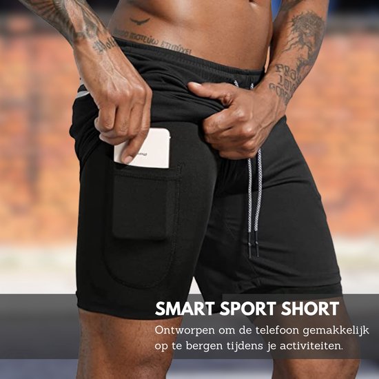 U Fit One Sportbroek voor Heren - Hardloopbroek met Mobiel Zak - 2 in 1 Shorts - Zwart - Maat XL - U Fit One