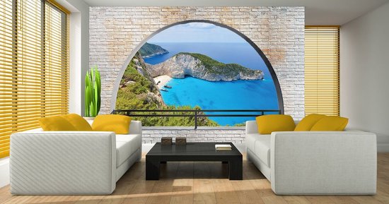 Papier Papier peint photo - Papier Peint Intissé - Navagio Beach Zakynthos Window View 3D - Shipwreck Beach - 208 x 146 cm