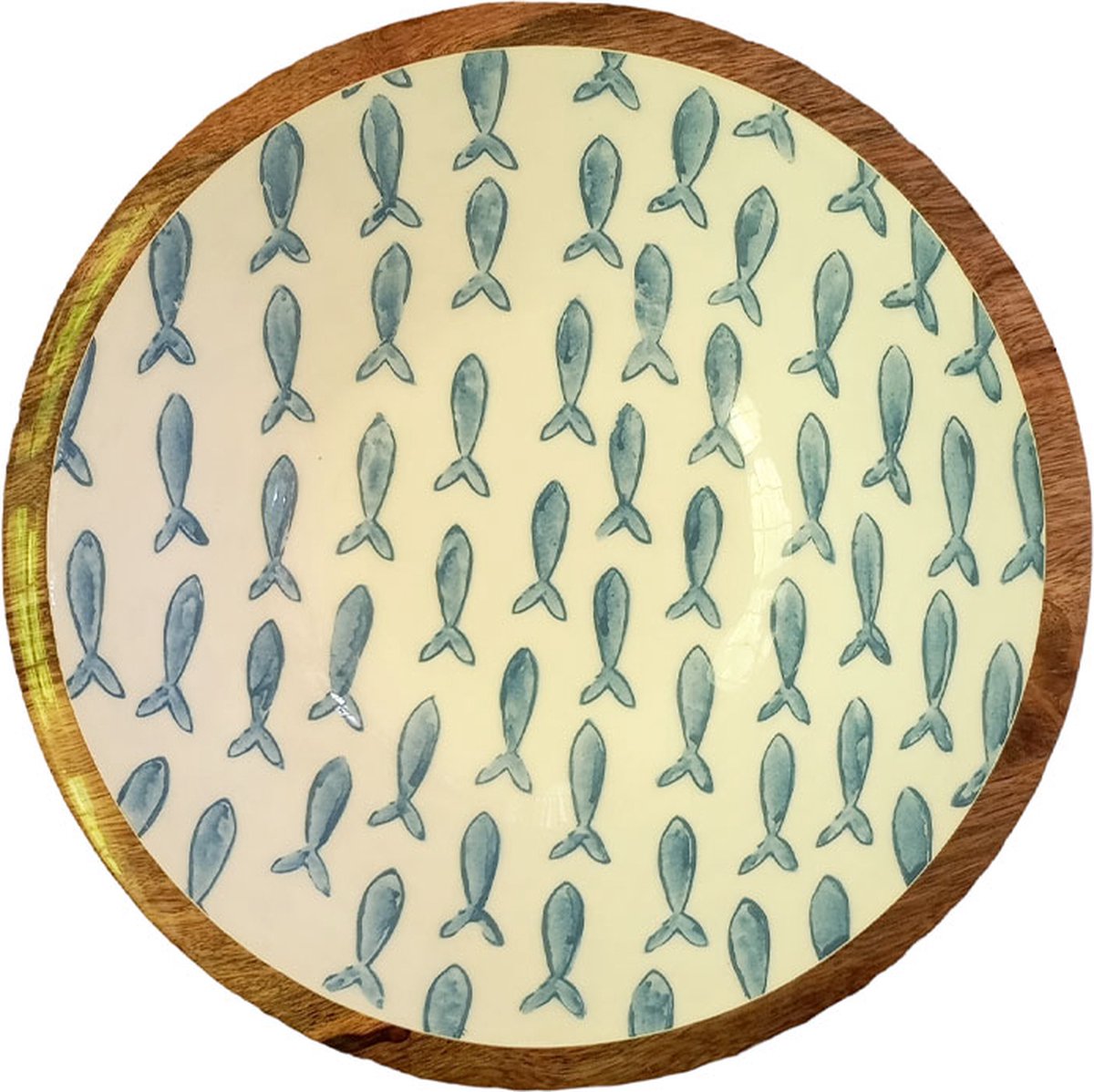 Floz Design houten schaal met print - vissen print - houten fruitschaal - serveerschaal - saladeschaal - 35 cm - fairtrade