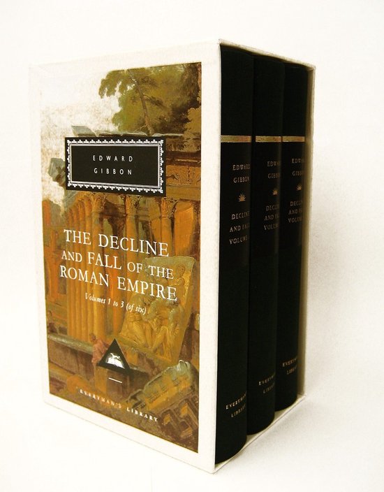 Coffret des 'Déclin et Chute de l'Empire romain', volumes 1 à 3, d'Edward Gibbon, avec une illustration de ruines romaines.