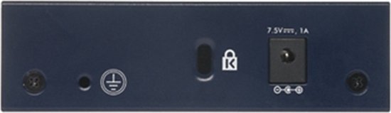 Achterkant van een blauwe Netgear gigabit switch met stroomaansluiting 7.5V, 1A en aardingssymbool.