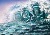 Fotobehang - Vlies Behang - Zee van Paarden - Kunst - Golven - 254 x 184 cm