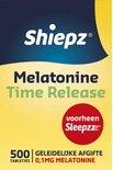 Doos Shiepz Melatonine Time Release met vermelding 'voorheen Sleepzzz', 500 tabletten geleidelijke afgifte 0,1mg melatonine.