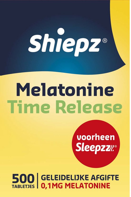 Doos Shiepz Melatonine Time Release met vermelding 'voorheen Sleepzzz', 500 tabletten geleidelijke afgifte 0,1mg melatonine.