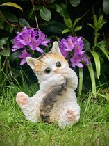 Kat spelend met staart tricolor 16 cm hoog - kat - kitten - polyester - polyresin - polystone - hoogkwalitatieve kunststof - decoratiefiguur - interieur - accessoire - voor binnen en buiten - cadeau - geschenk - tuinfiguur - tuinbeeldje - tuindecorat
