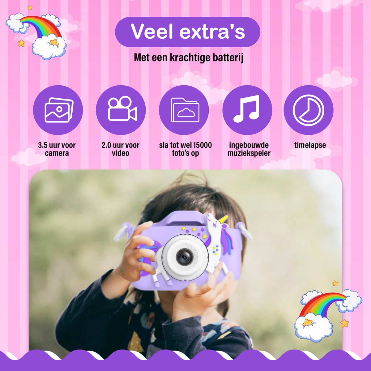 Ilona® Digitale Kindercamera HD 1080p inclusief stickervel - Speelgoedcamera - 32GB micro sd kaart - Fototoestel Voor Kinderen - Selfie Camera - Unicorn Paars — afbeelding 3