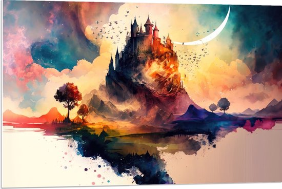 PVC Schuimplaat- Aquerelverf Tekening van Kasteel op Berg - 90x60 cm Foto op PVC Schuimplaat