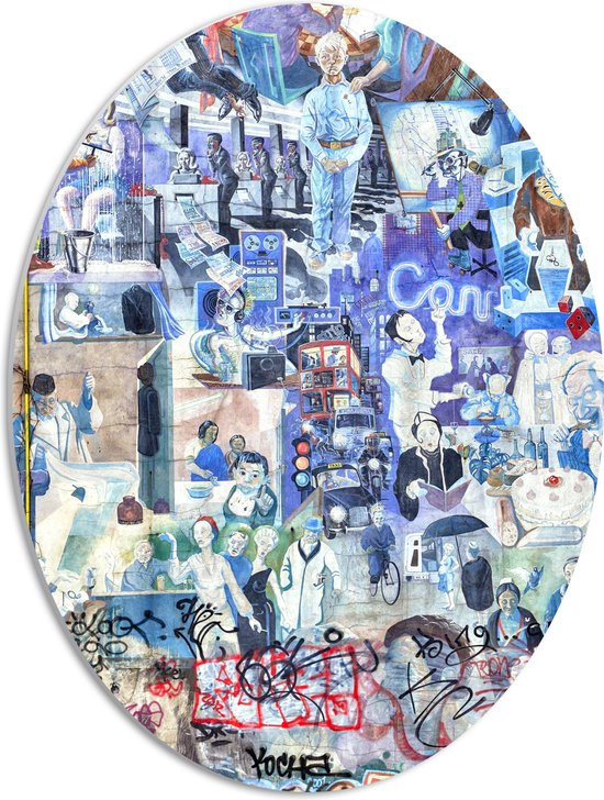 PVC Schuimplaat Ovaal - Patronen van Verschillende Personen met Blauwe Gloed - 42x56 cm Foto op Ovaal (Met Ophangsysteem)