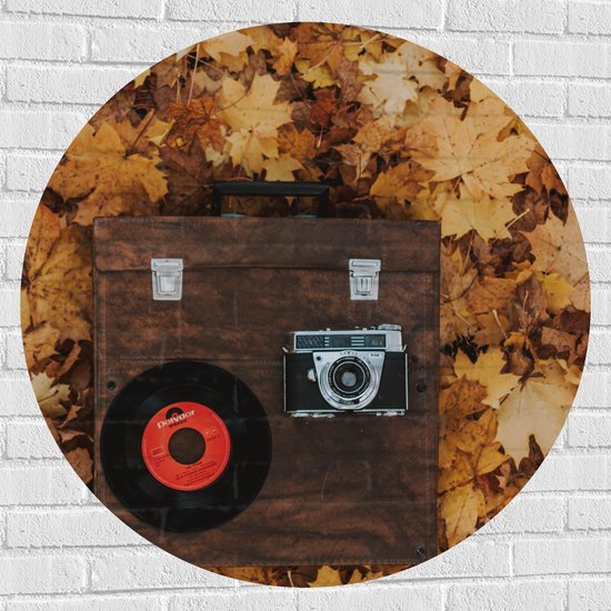 Muursticker Cirkel - Muziekplaat en Vintage Camera op Koffer tussen de Herfstbladeren - 100x100 cm Foto op Muursticker