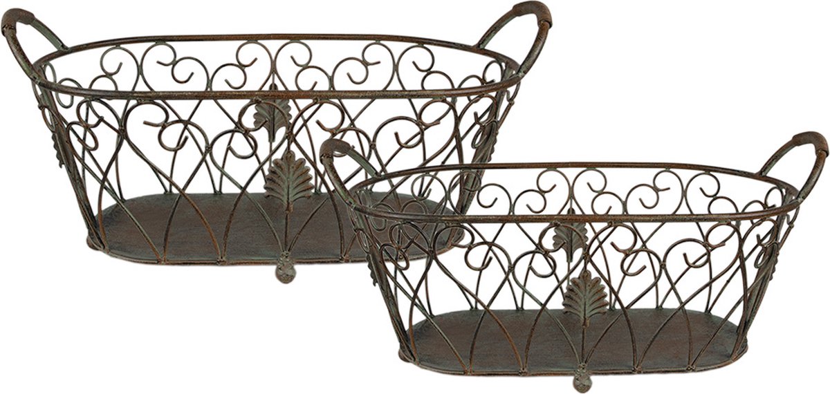 Clayre & Eef Opbergmand Set van 2 60x30x26 / 49x23x22 cm Groen Bruin IJzer