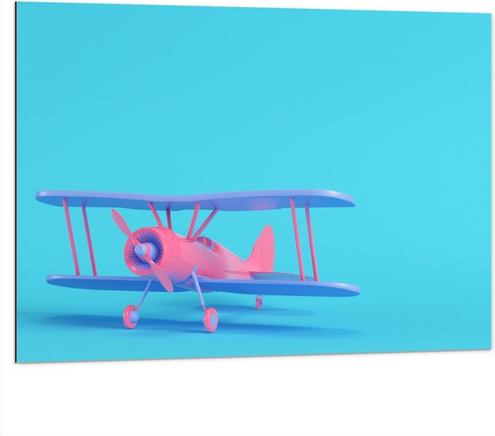 Dibond - Roze met Paars Zweef Vliegtuig op Blauwe Achtergrond - 100x75 cm Foto op Aluminium (Met Ophangsysteem)