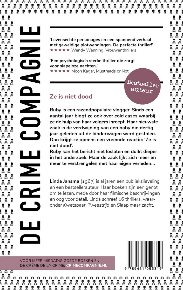 Boekcover 'De Crime Compagnie' met schedels en een roze teddybeer. Tekst in het Nederlands.