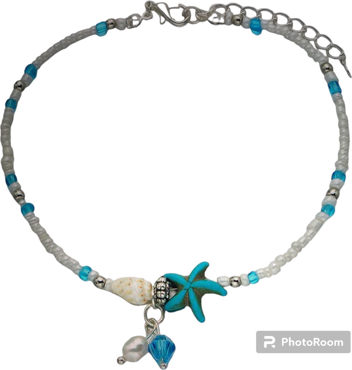 Enkelbandje-zeester-schelpje-parel-blauw-strand-zomer-anklet-Bohemia-boho-beaded