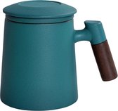 Mug pour la vie quotidienne, grand mug à thé 400 ml, tasse à thé avec couvercle et passoire, set de tasses à thé en céramique avec manche en bois pour protéger des brûlures, mug à thé pour offrir, tasse à thé avec passoire et couvercle, mug à thé