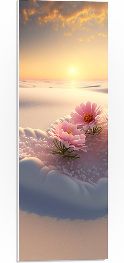 PVC Schuimplaat- Roze Bloemen in Hart van Sneeuw in Besneeuwd Landschap - 20x60 cm Foto op PVC Schuimplaat
