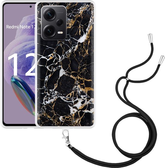 Cazy Hoesje Met Koord Geschikt Voor Xiaomi Redmi Note 12 Pro 5g Zwart Goud Marmer 2976