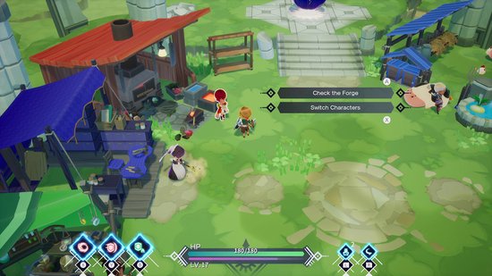Een bovenaanzicht van een dorp in een game, met een smidse, huizen en een koe. Twee personages, waaronder een met rood haar, lopen op het gras.