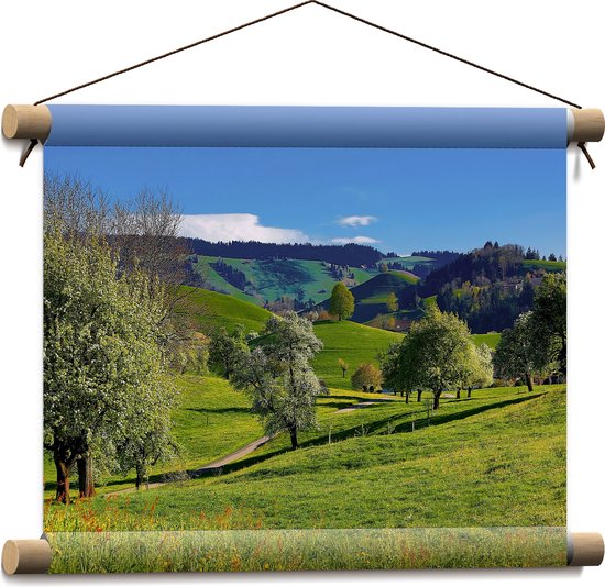 Textielposter - Bergen - Heuvel - Landschap - Gras - Bomen - 40x30 cm Foto op Textiel