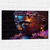 Muursticker - Religieuze Boeddha met Roze Lelie Bloemen - 75x50 cm Foto op Muursticker